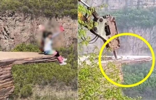 لبه صخره ای در چین که به آزمون شجاعت معروف بود تخریب شد